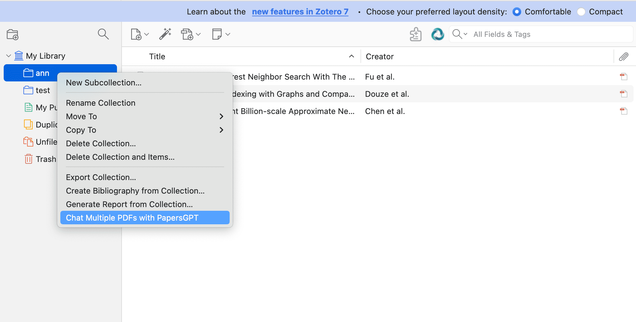 Selecting multiple PDF sources within a Zotero collection to prepare for literature review generation.