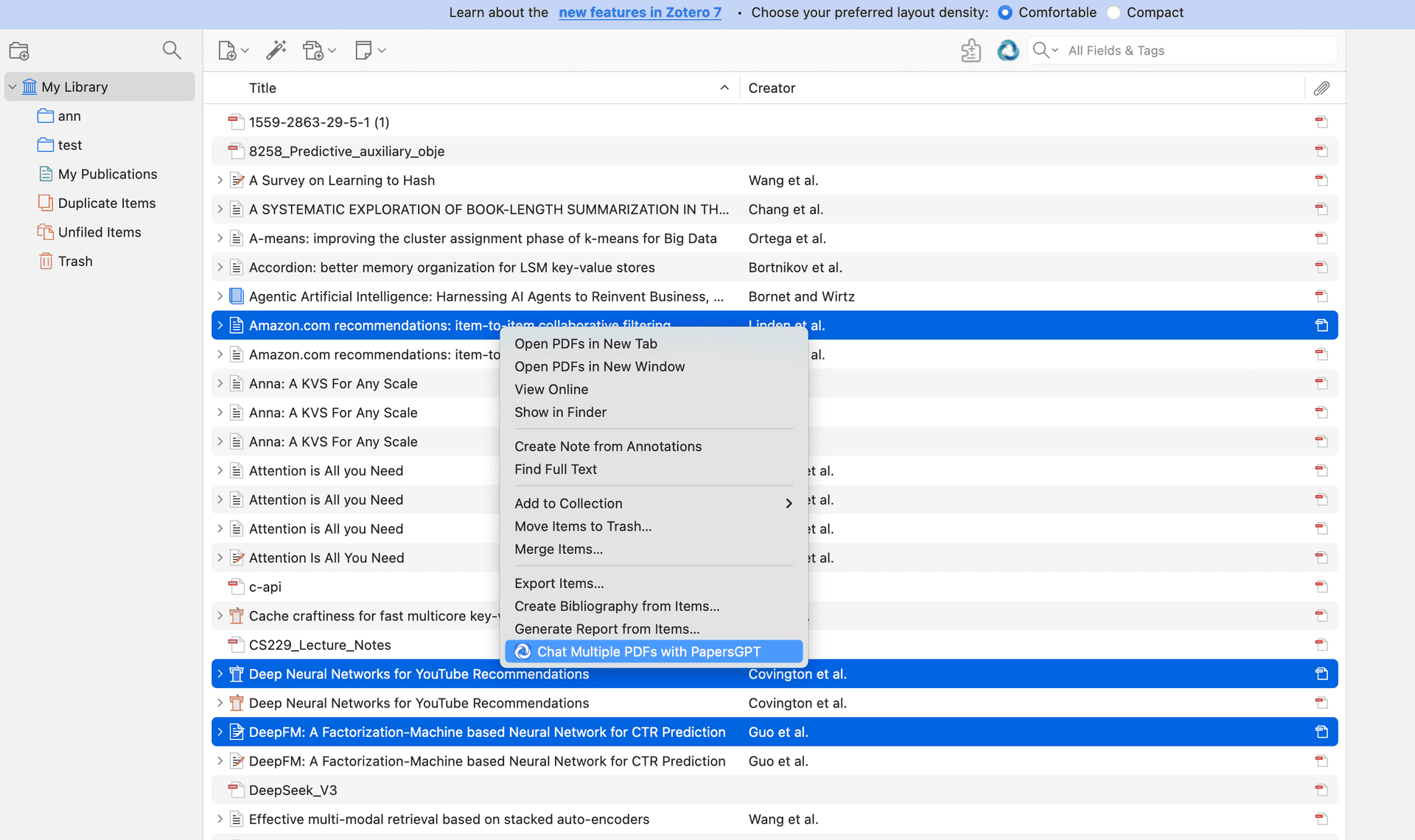 Selecting multiple PDF sources in Zotero to prepare for literature review generation.